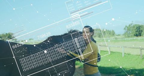 Woman Embracing Horse with Digital Interface Overlay in Green Pasture