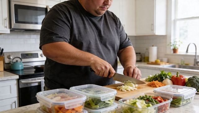 Home cook preparing meal prep chopping onions and vegetables with food storage containers
