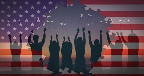 Eight friends holding sparklers at sunset on beach with american flag puzzle overlay
