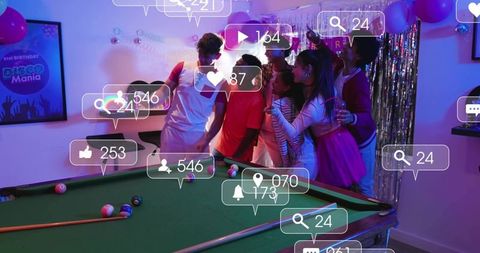Friends posing at neon disco pool party with social media notification overlays