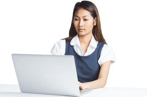 Transparent focused businesswoman working on laptop