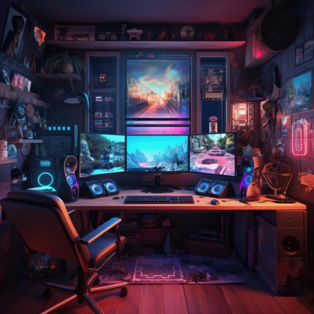 High-tech gaming setup with multiple monitors and vibrant RGB lighting in cozy room. Suitable for illustrating modern gaming environments, gamer lifestyles, tech-savvy spaces, and high-performance computer setups.