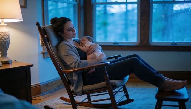 Mother cradling newborn in rocking chair at twilight — cozy evening bonding moment