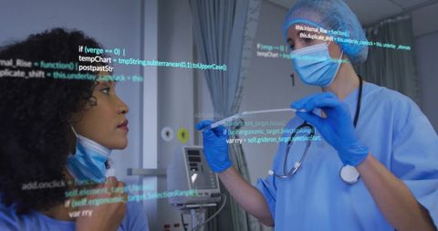 Healthcare Workers Performing Throat Swab Amidst Medical Data Overlay