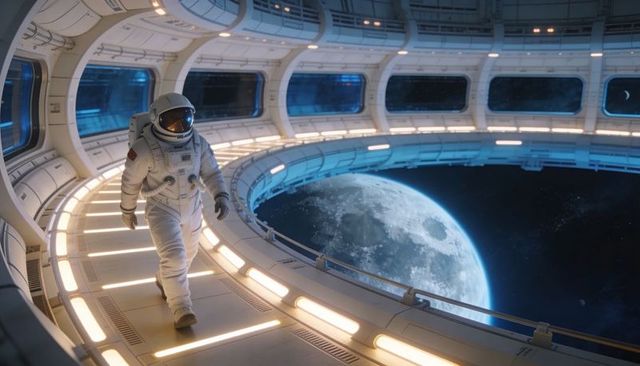 Astronaut walking along orbital space station ring with moon view