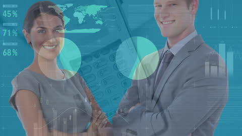 Smiling Business People With Financial Graphs Overlay