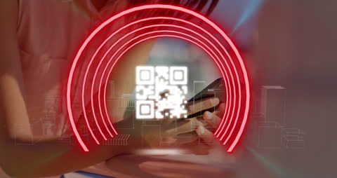 Digital Neon and QR Code Overlay with Smartphone in Hand