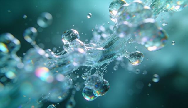 Iridescent teal water droplet filament with rainbow highlights, macro liquid flow