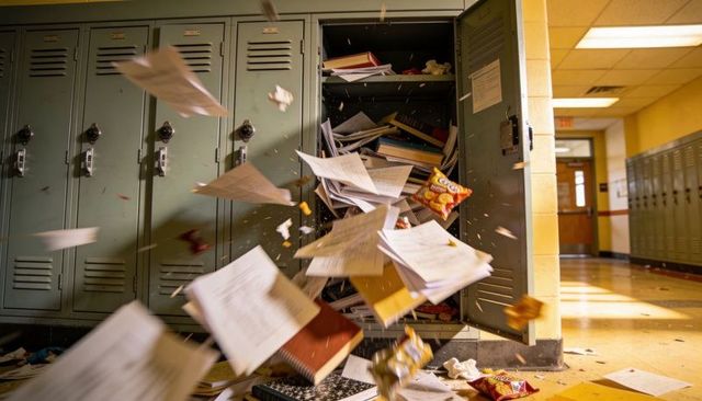 Locker overload spilling papers, notebooks and snack bags into school hallway in motion
