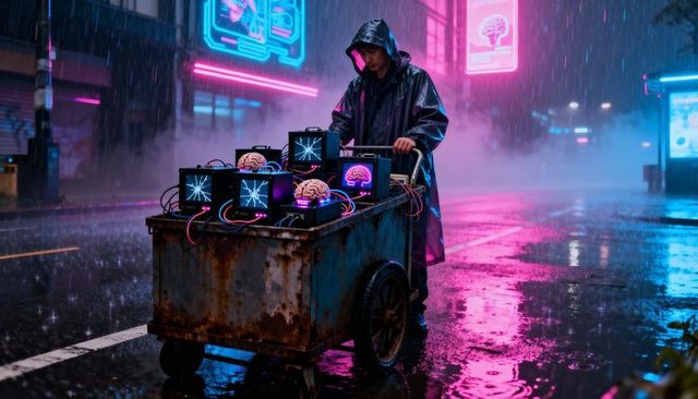 Cyberpunk vendor pushing rusted cart with glowing brains and vintage monitors in neon rain