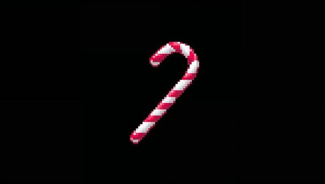 Retro pixel candy cane red and white striped holiday icon on black background