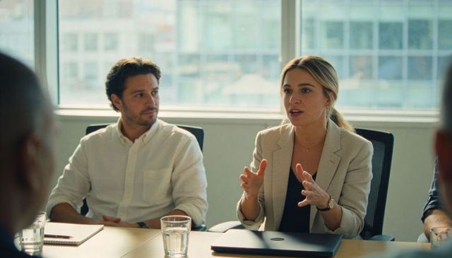 Businesswoman leading meeting, gesturing while presenting ideas in modern boardroom