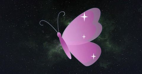Lavender butterfly gliding through starfield with pink gradient wings and sparkle accents
