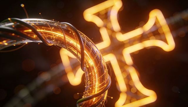 Glowing braided fiber-optic cable emitting warm orange light with neon bokeh and circuitry