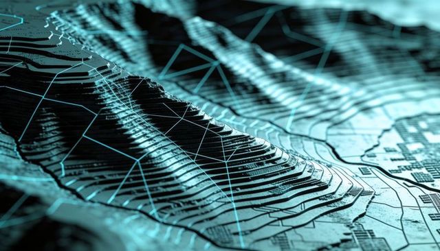 Futuristic 3d topographic mesh visualizing contour terraces, triangulation and cyan grid
