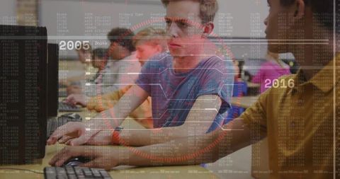 Teenager Collaborating on Coding Project in Computer Lab with Futuristic HUD Overlay