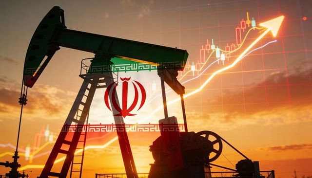 Iran oil market surge pumpjack silhouette with national emblem and rising charts
