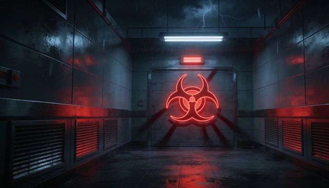 Glowing biohazard neon casting red reflections across wet industrial containment corridor