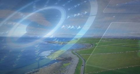 Aerial drone surveying rugged coastline with HUD overlay tracing curving coastal road