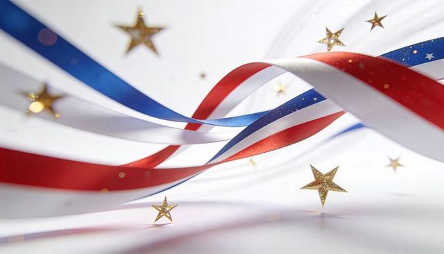 Flowing red white blue satin ribbons with gold glitter stars for patriotic celebrations