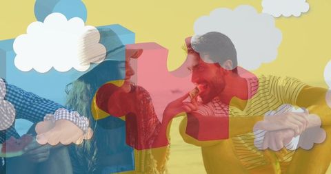 Inclusive Summer Beach Party with Colorful Puzzle Overlay