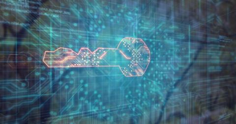 Glowing Circuit Key Over Holographic Grid Representing Cybersecurity and Encryption