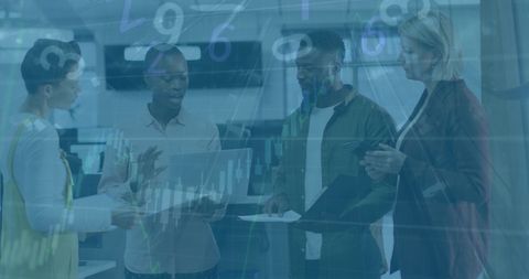 Diverse team discussing financial data in digital office environment