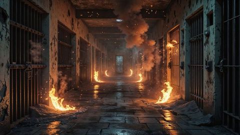 Gothic hell prison corridor with flames and smoke