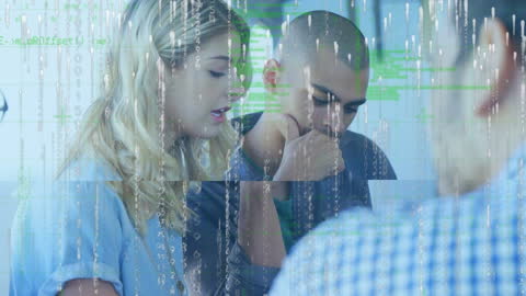 Diverse Business Team Analyzing Data with Futuristic Interface Overlay