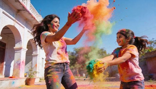 Throwing vibrant holi powder, mother and daughter celebrating festival in sunlit courtyard