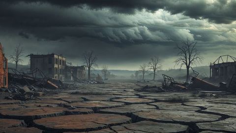 Dystopian landscape under dark storm clouds in apocalypse aftermath