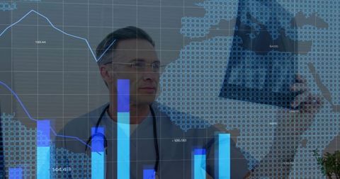 Doctor holding x-ray examining digital medical data overlays with global analytics