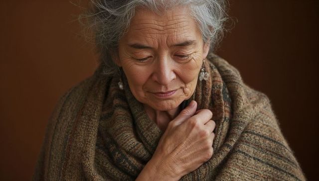 Senior woman wrapped in striped shawl reflecting peacefully with warm earthtone portrait
