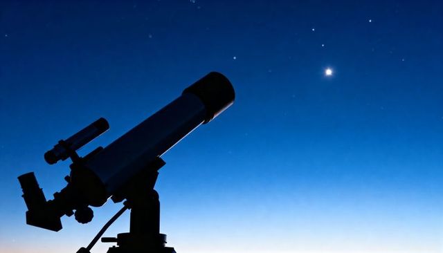 Refractor telescope silhouette pointing to bright planet in twilight sky on equatorial mount