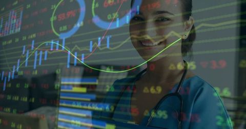 Nurse smiling with stethoscope and medical charts overlaying financial data visualization