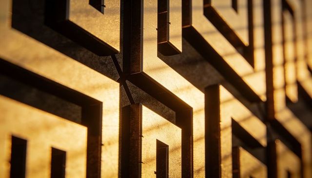 Ornate metal lattice casting geometric shadows in warm golden light, close-up architectural detail