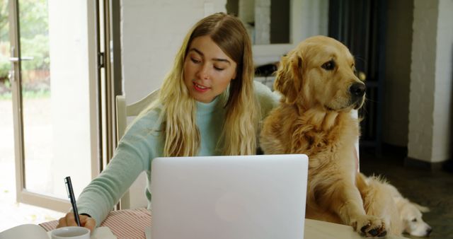 Young woman working on laptop with golden retriever sitting on her lap. Ideal for themes of remote work, pet-friendly workspaces, and casual home office settings. Suitable for blogs, articles, and advertisements highlighting work-life balance, home-based businesses, and pet-friendly environments.