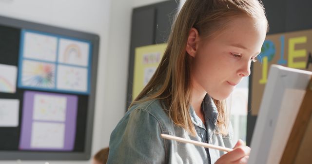 Photo of a young girl deeply engaged in painting during an art lesson in a classroom setting. Perfect for education-focused content, websites about child development, school materials, art programs, or articles about fostering creativity and self-expression in children.