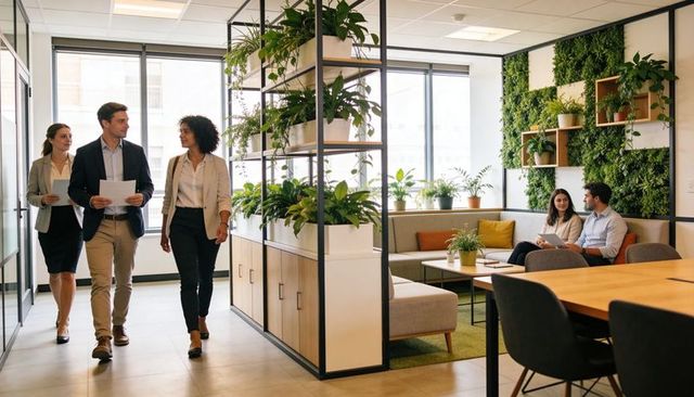 Corporate team walking through biophilic office lounge with greenery and collaborative workspace