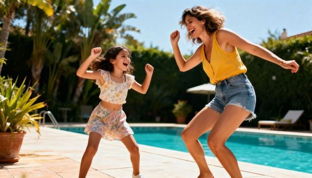 Mother and daughter dancing and jumping poolside on sunny backyard patio