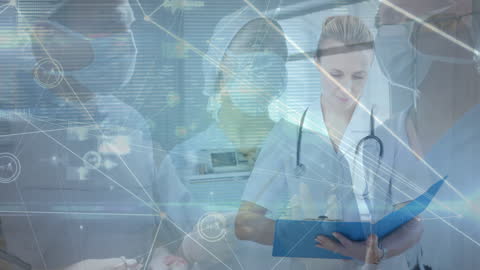 Medical Professionals Analyzing Data in Futuristic Healthcare Interface