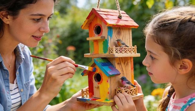 Woman and girl painting colorful wooden birdhouse in sunny backyard garden