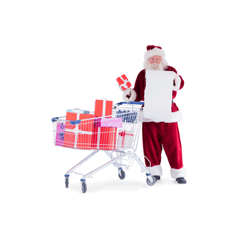 Caucasian santa claus shopping christmas gifts on transparent background