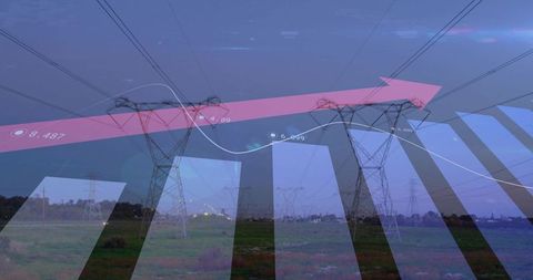 Power lines and data graphics symbolize energy progress