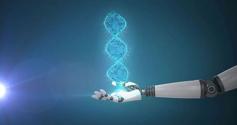 Robotic arm holding holographic dna helix in futuristic lab