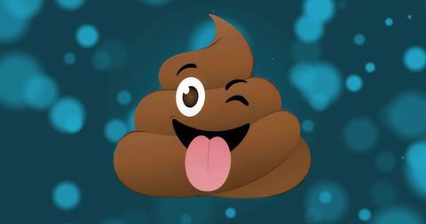 Playful winking poop emoji sticking tongue out on teal bokeh background