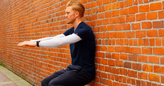 A man performs a wall sit exercise outdoors, against a brick wall. Wall sits strengthen the quadriceps and are popular for fitness routines and physical therapy.