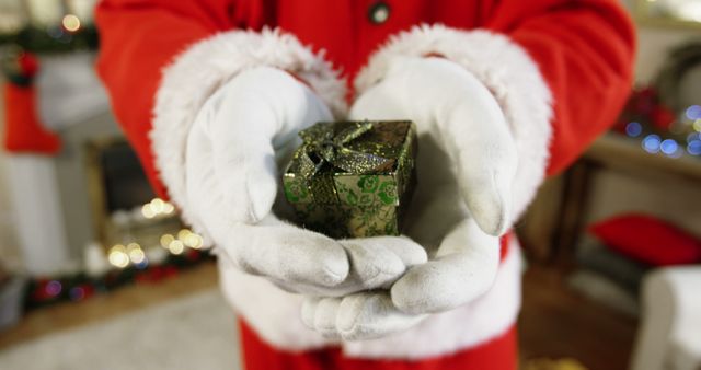 Santa Claus Holding Sparkly Green Gift Box During Christmas Celebration - Download Free Stock Images Pikwizard.com