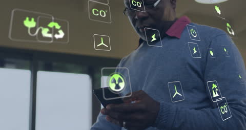 Ecology Icons with Senior Man Using Smartphone Technology