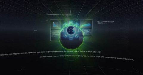 Rotating Holographic Cyber Dashboard Showing Circular Core and Neon Data Widgets